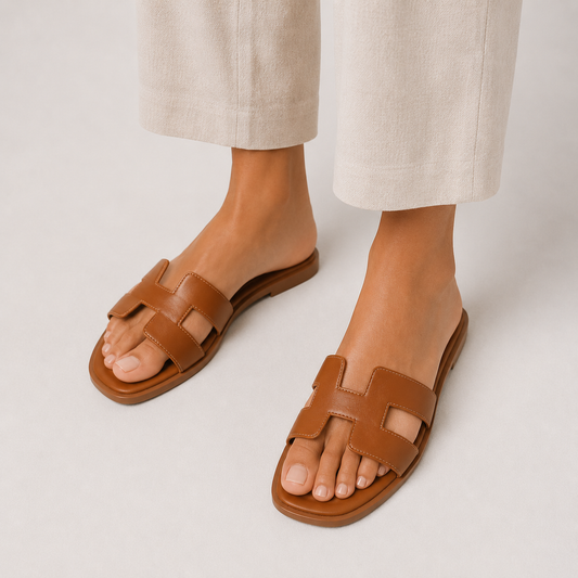 Women's Orthopedic Leather Slide Sandals | H Strap Flat Summer Slippers