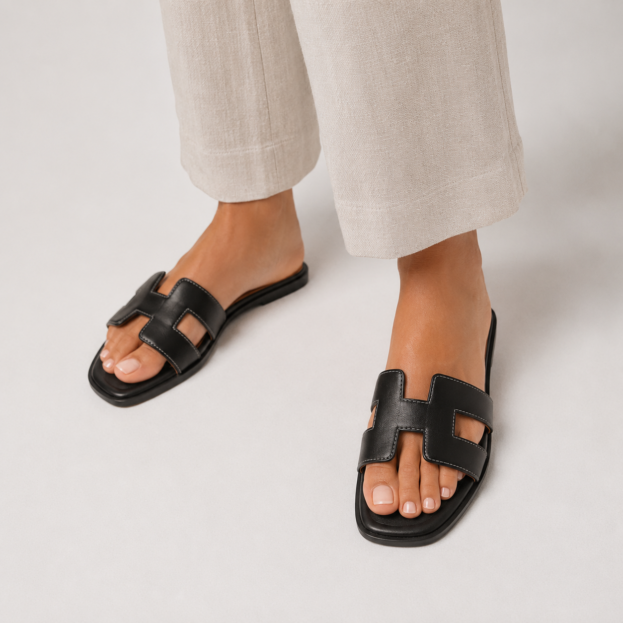 Women's Orthopedic Leather Slide Sandals | H Strap Flat Summer Slippers