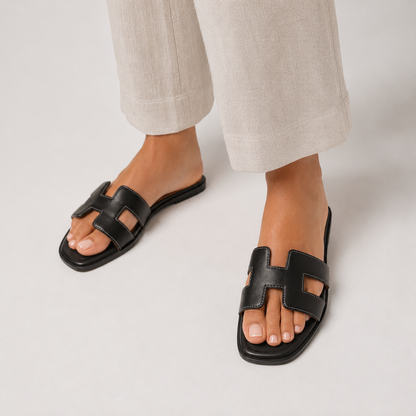 Women's Orthopedic Leather Slide Sandals | H Strap Flat Summer Slippers
