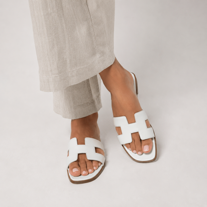 Women's Orthopedic Leather Slide Sandals | H Strap Flat Summer Slippers